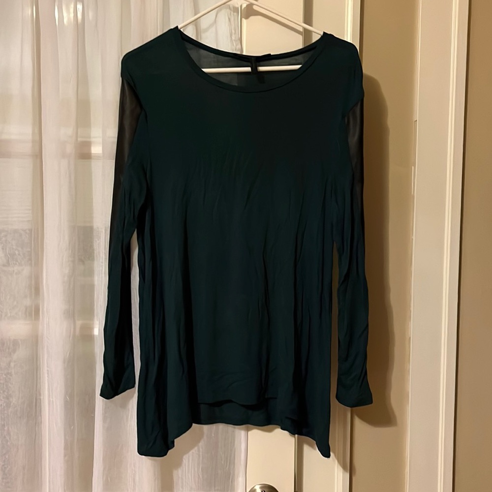 Dark green BCBG Maxazria long sleeve shirt with black leather sleeves